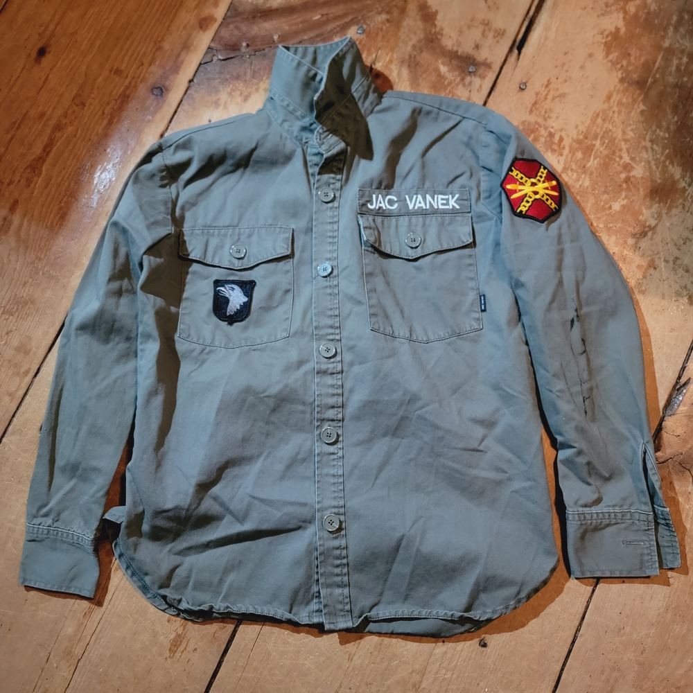 Jac Vanek Army Military Green Jacket Distressed Repurposed Ray Of Effin 🌞 - Picture 3 of 11